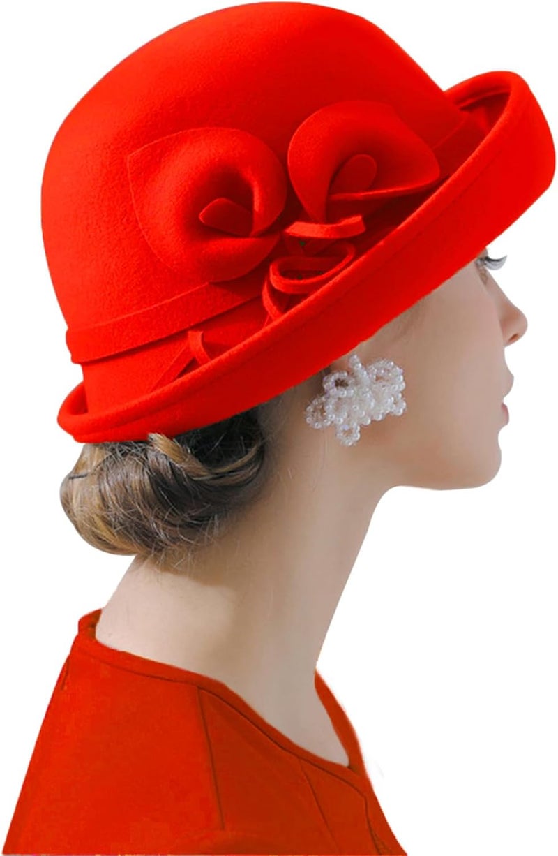 ORIDOOR Women Vintage Wool Felt Flowers Bucket Cloche Bowler Hat Church Wedding Dress Fascinator Hat Winter Felt Fedoras - Image 1